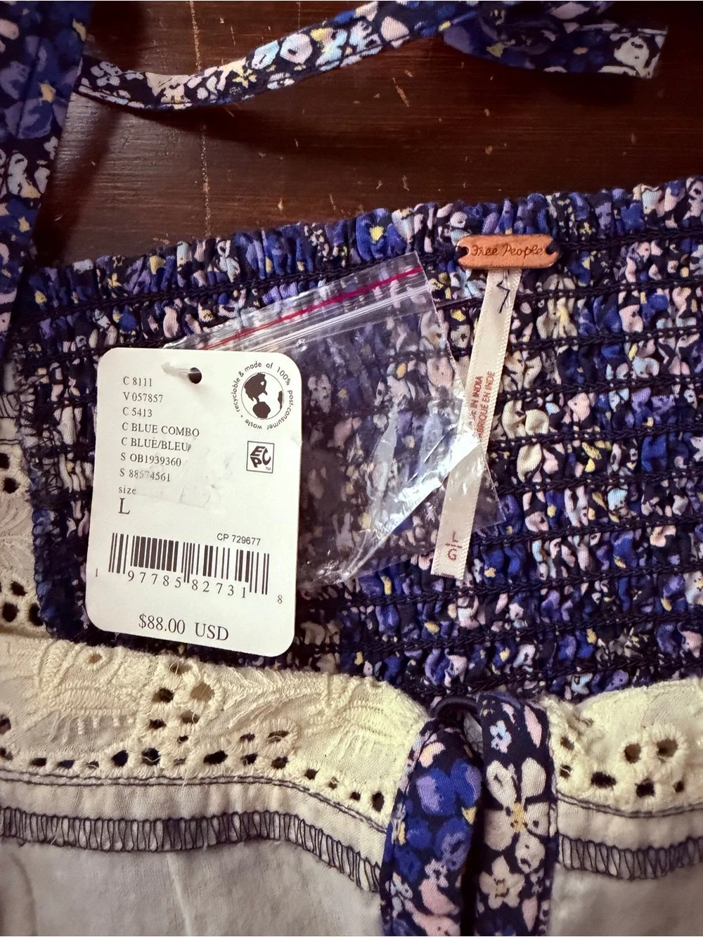NWT Free People Blue Floral Lace Trim Open Back Tank